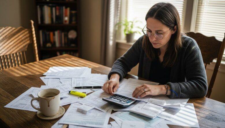 Akron resident sorting tax documents at home