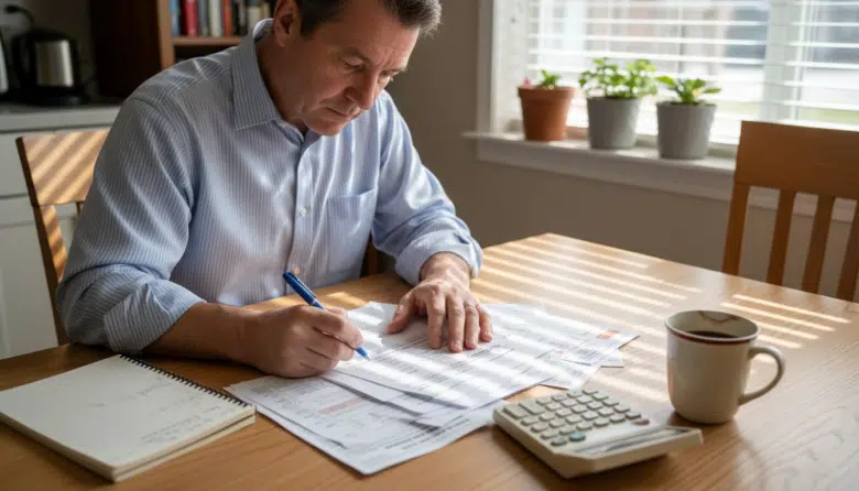 Landlord reviewing tax receipts at kitchen table