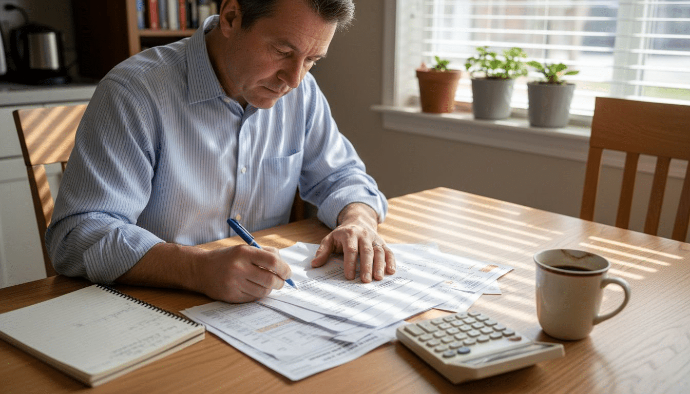 Landlord reviewing tax receipts at kitchen table
